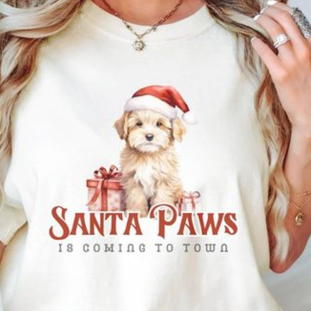 Santa Paws Christmas Comfort Colors Vintage Tshirt, Dog Holidays White Shirt